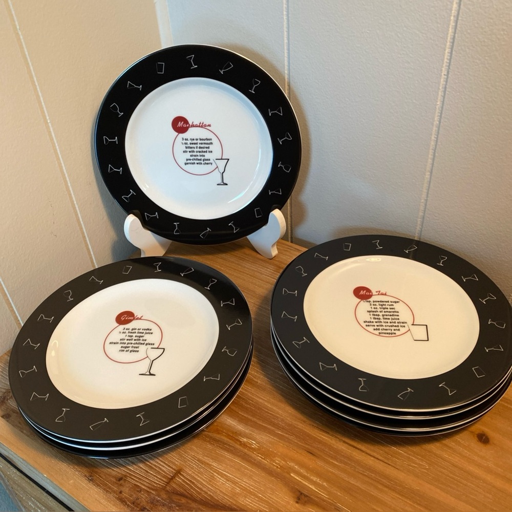 Set of 8 Pottery Barn RETRO BAR Cocktail Recipe Salad Appetizer Bar Plates 8”